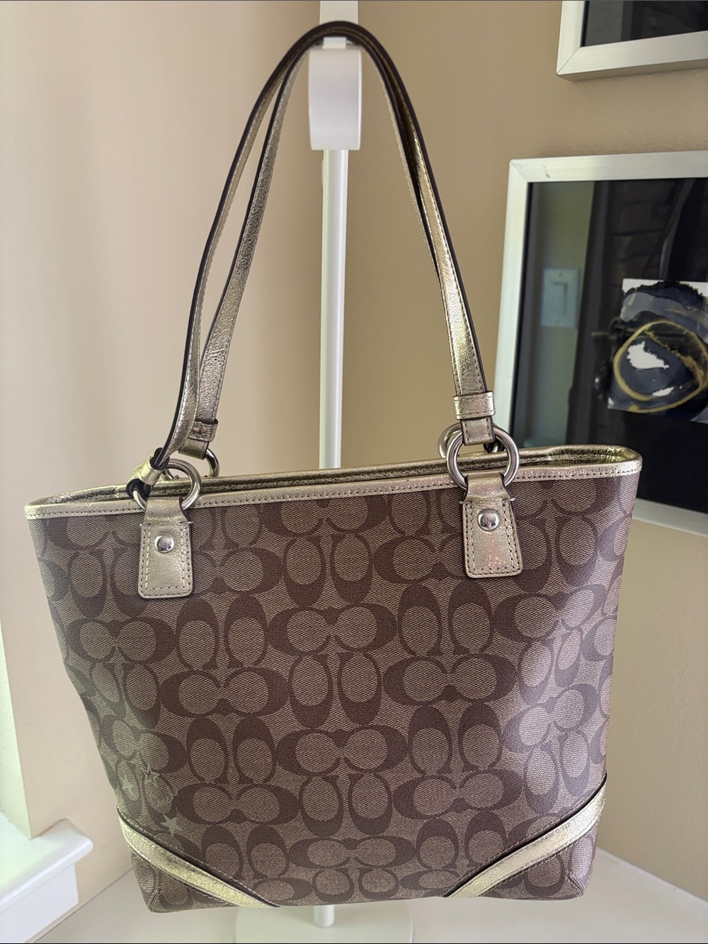 Coach Brown Signature Star Tote with Metallic Trim - Picture 4 of 6